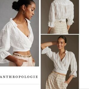 Anthropologie banded Surplice V-Neck Wrap Top Ruffle White Cotton Size XS